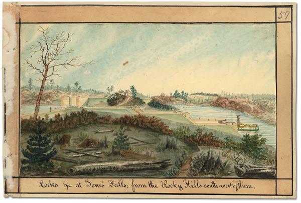 Upper and Lower Locks at Jones Falls viewed from the south-west of them. Sweeney’s house can be seen to the left of the Upper Locks and some homes of the small community there.       Watercolour by Thomas Burrowes c. 1835. Archives of Ontario: Ref. code C 1-0-0-0-57, AO I0002176 